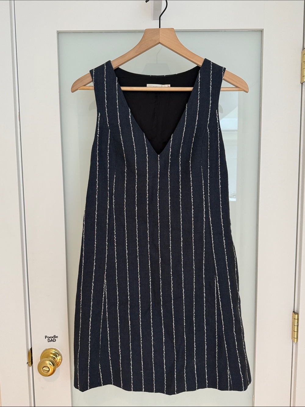Suit Studio - Sleeveless Navy Pinstripe V-Neck Shift Dress